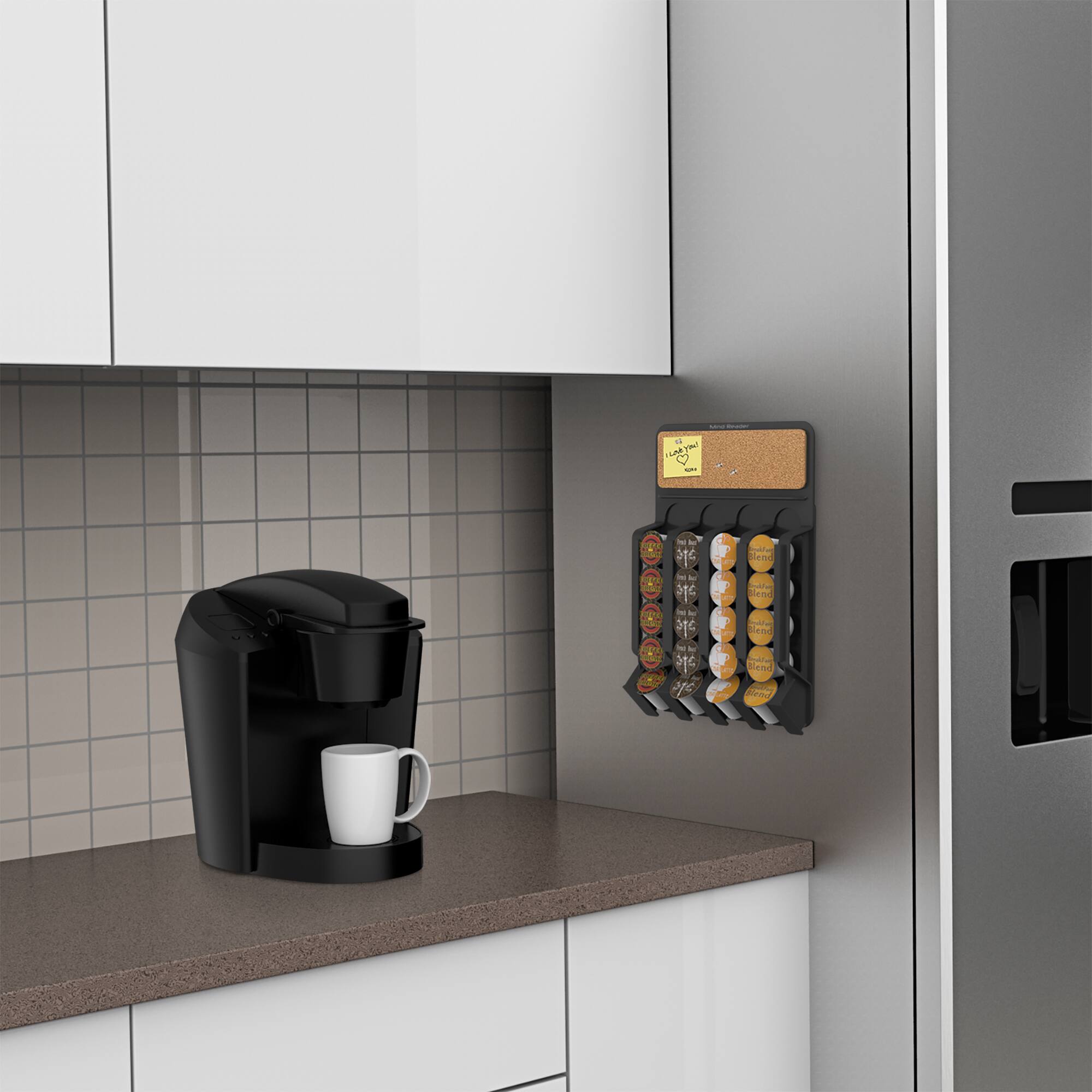 Mind Reader Black Wall-Mount Single Serve Coffee Pod Dispenser with Cork Top